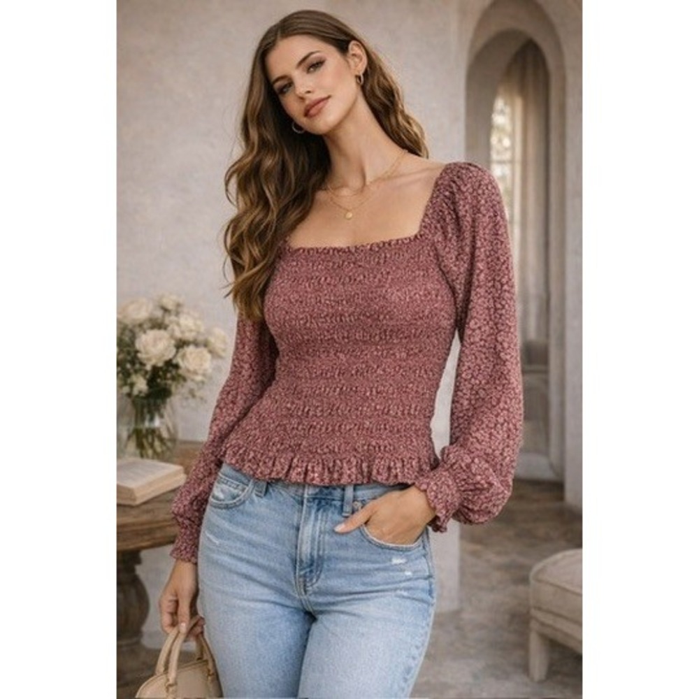 Madewell Smocked Peplum Top Women Medium Burgundy Floral Square Neck Puff Sleeve